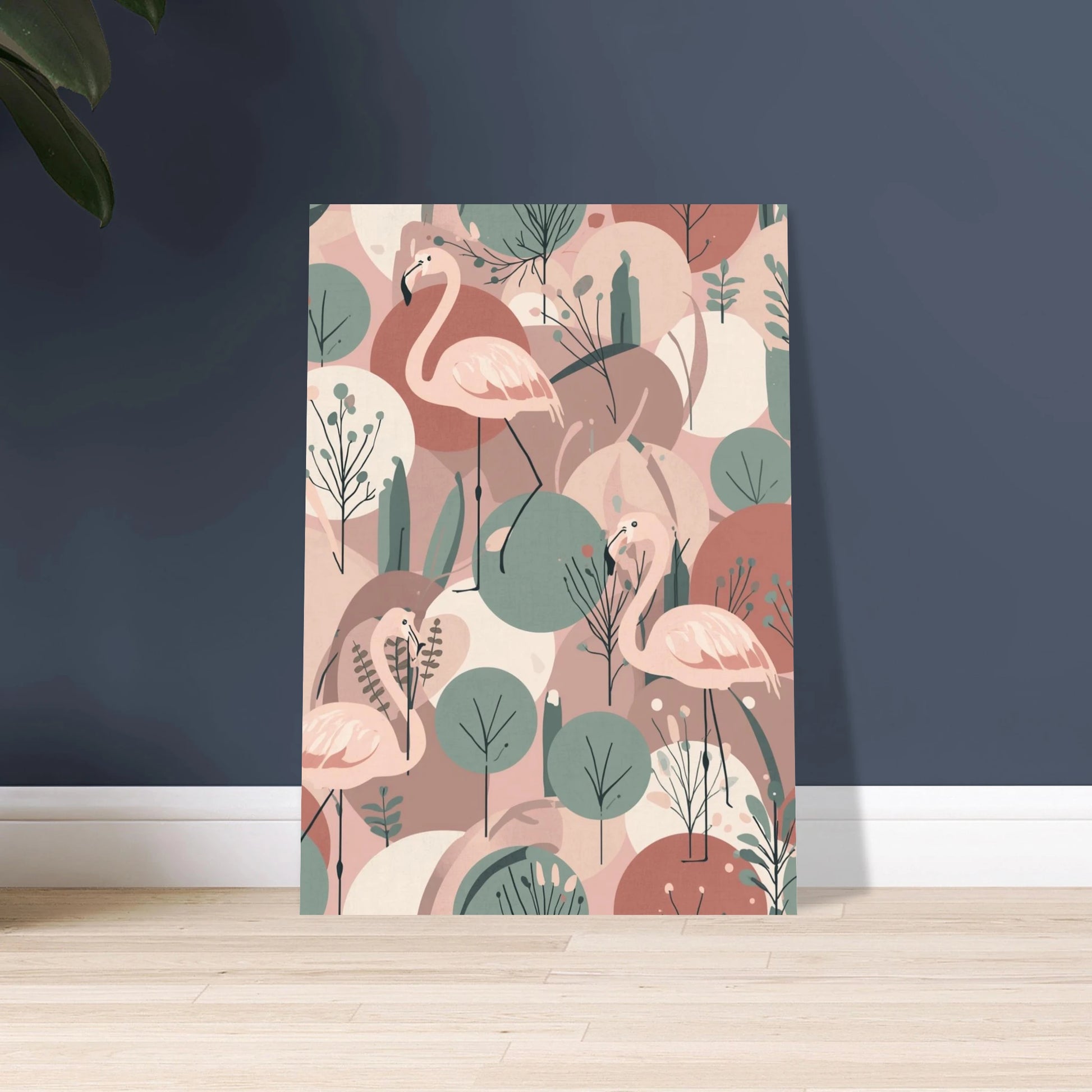 Flamingo i skandinavisk design, mjukt rosa och grönt mönster