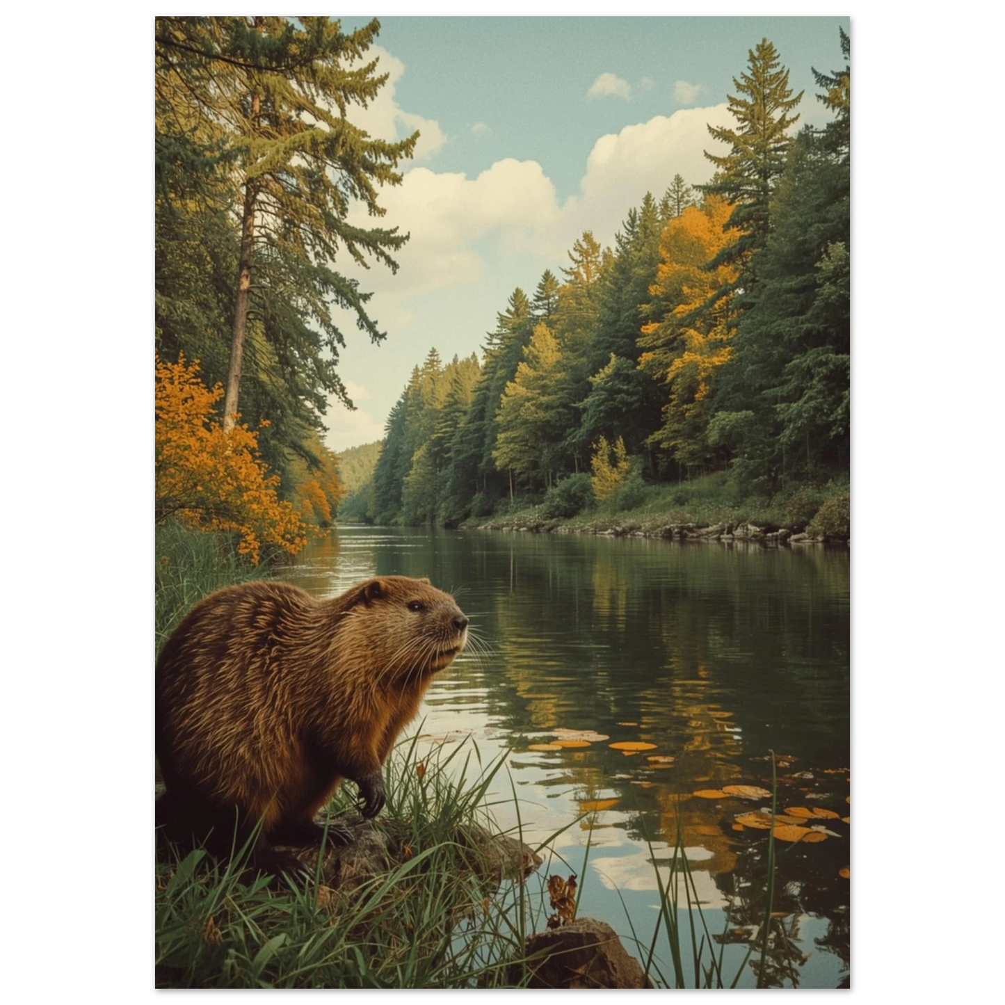 Naturtrogen bäverposter med motiv av vildmark och stilla vatten
