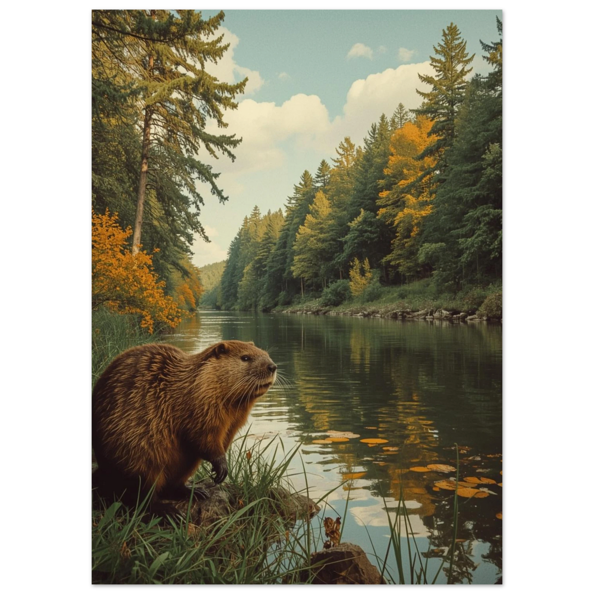 Naturtrogen bäverposter med motiv av vildmark och stilla vatten