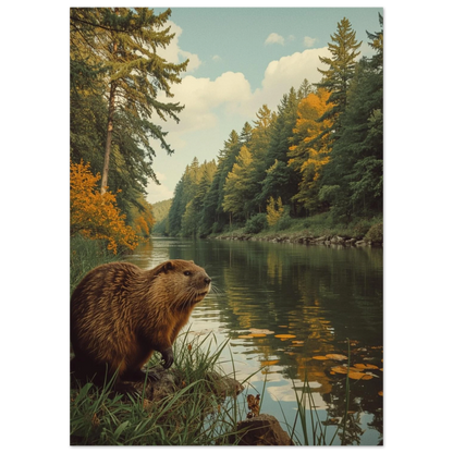 Naturtrogen bäverposter med motiv av vildmark och stilla vatten
