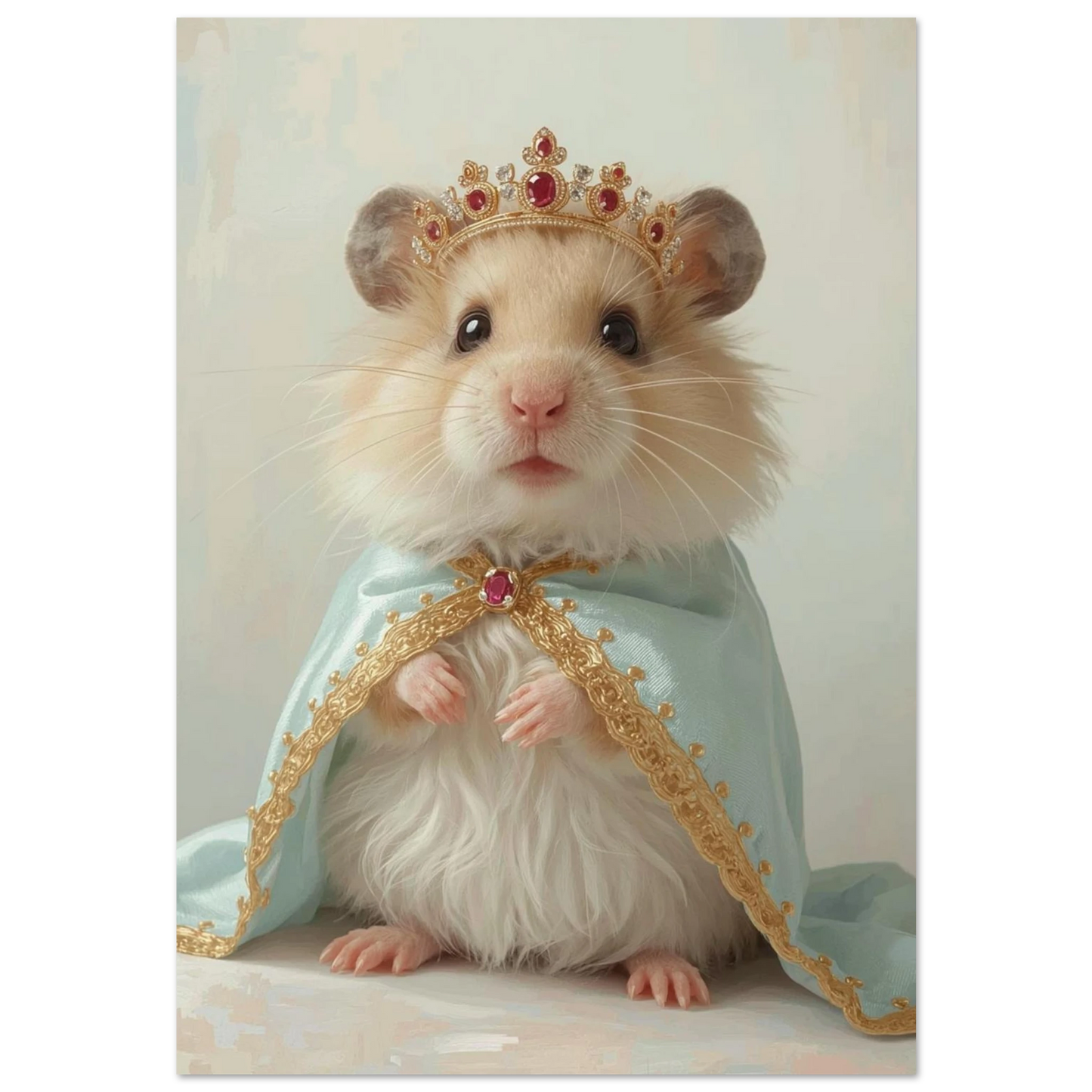 Hamster i kunglig krona och ljusblå mantel med guldkanter