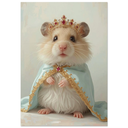 Hamster i kunglig krona och ljusblå mantel med guldkanter