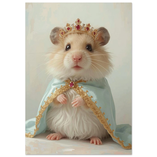 Hamster i kunglig krona och ljusblå mantel med guldkanter