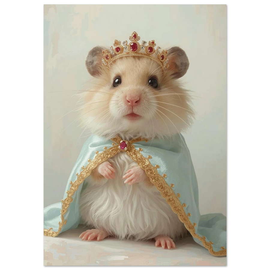 Hamster i kunglig krona och ljusblå mantel med guldkanter