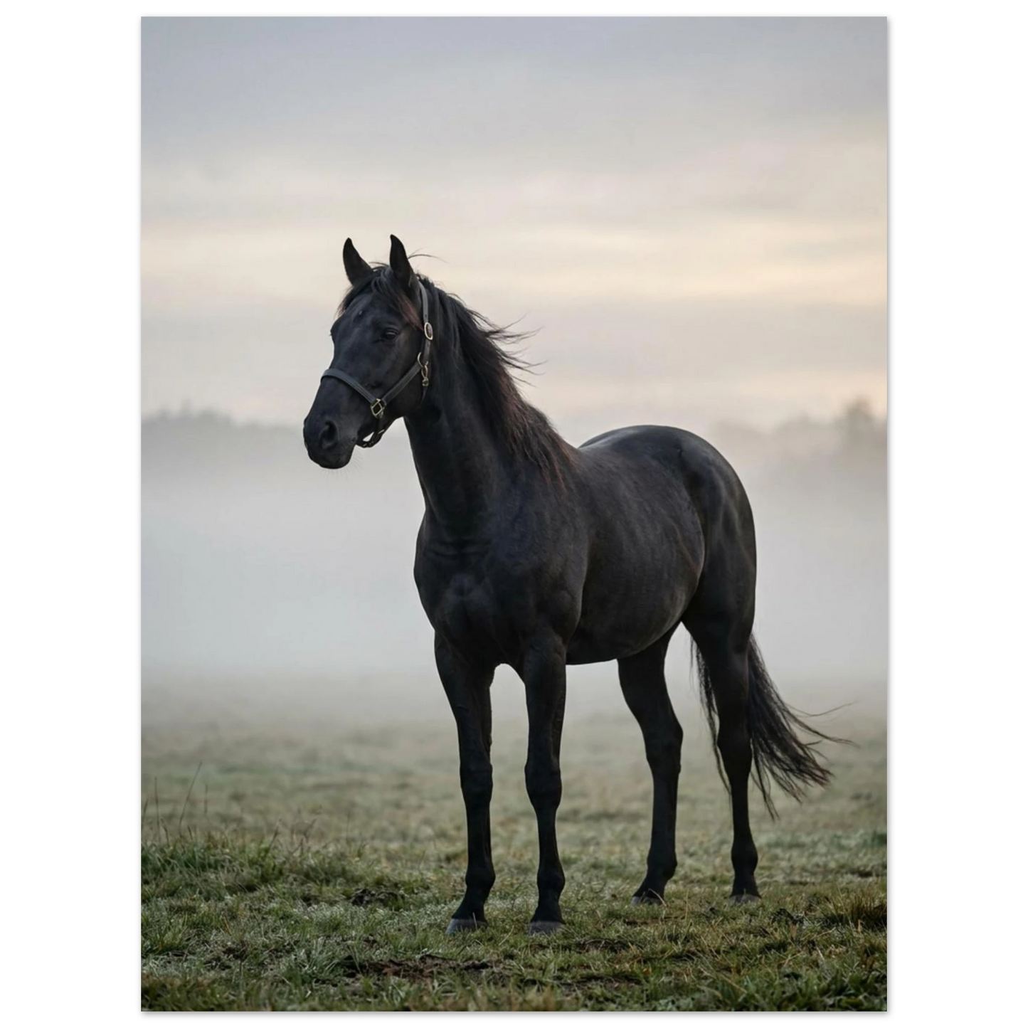 Elegant svart häst i morgondis, lugn och mystisk stämning