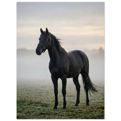 Elegant svart häst i morgondis, lugn och mystisk stämning