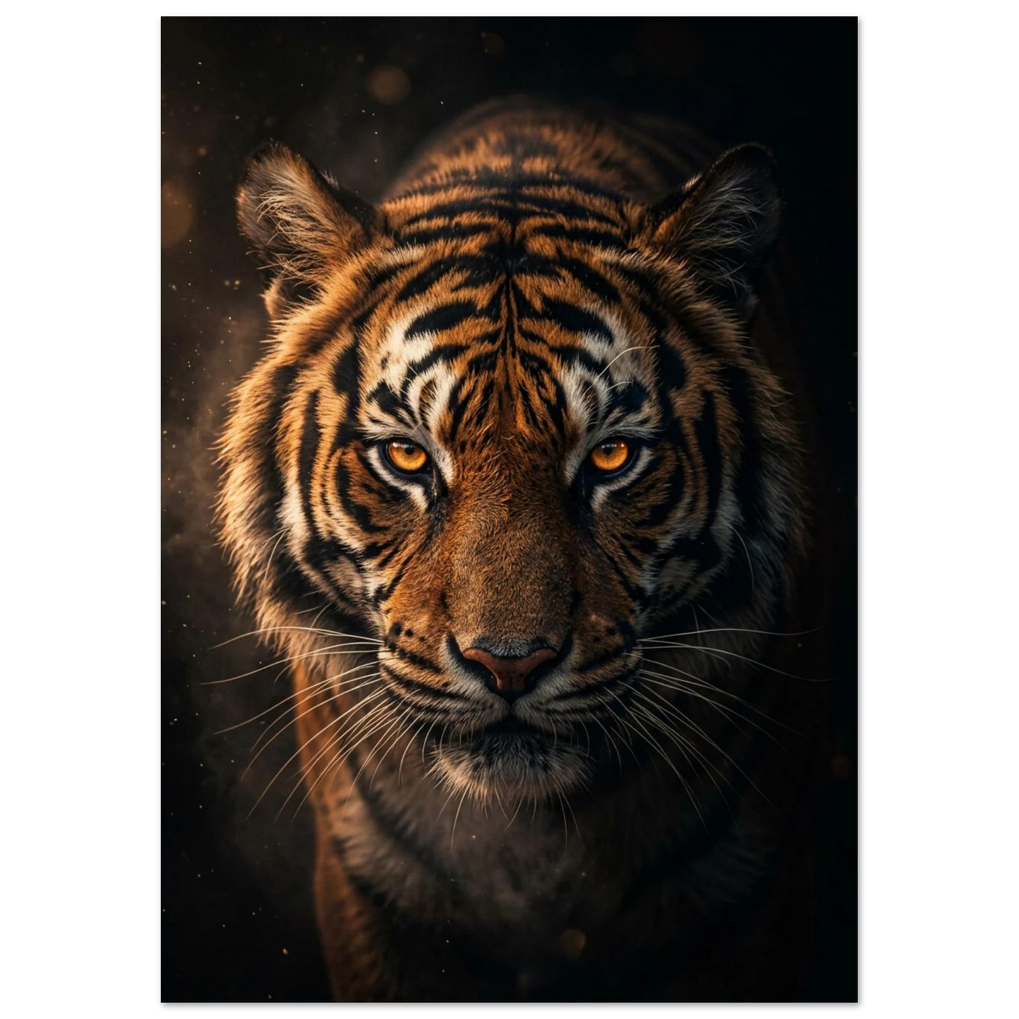 Intensiv tiger blickar framåt ur mörkret med glödande ögon.