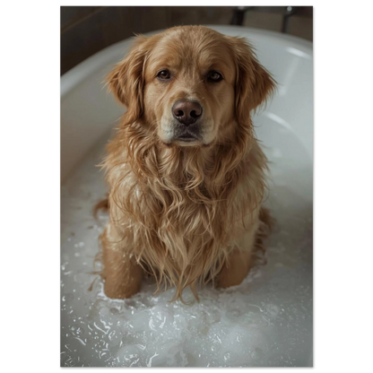 Golden Retriever i ett vitt badkar fyllt med fluffigt badskum