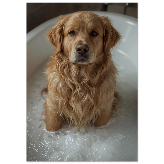 Golden Retriever i ett vitt badkar fyllt med fluffigt badskum