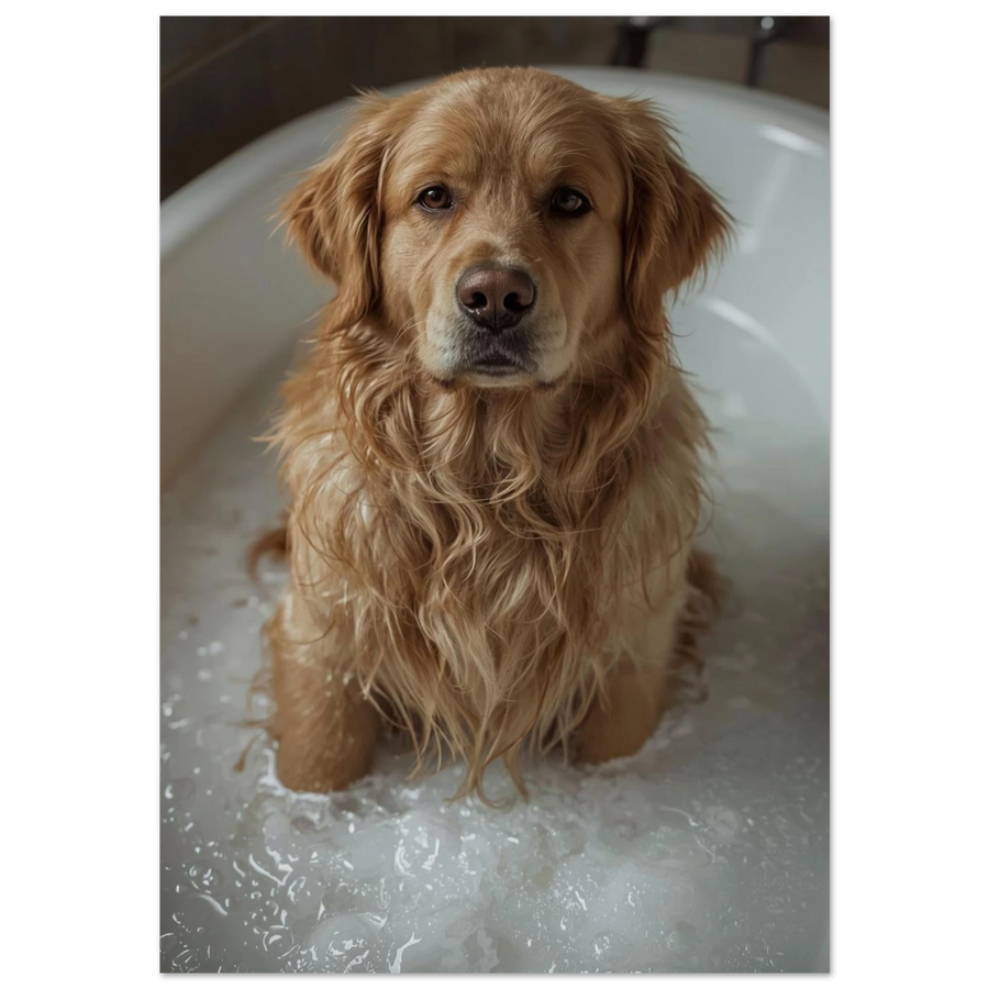 Golden Retriever i ett vitt badkar fyllt med fluffigt badskum
