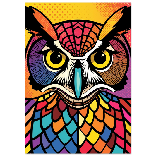 Färgstark uggleposter i popkonst-stil med neonfärgade fjädrar och gula ögon