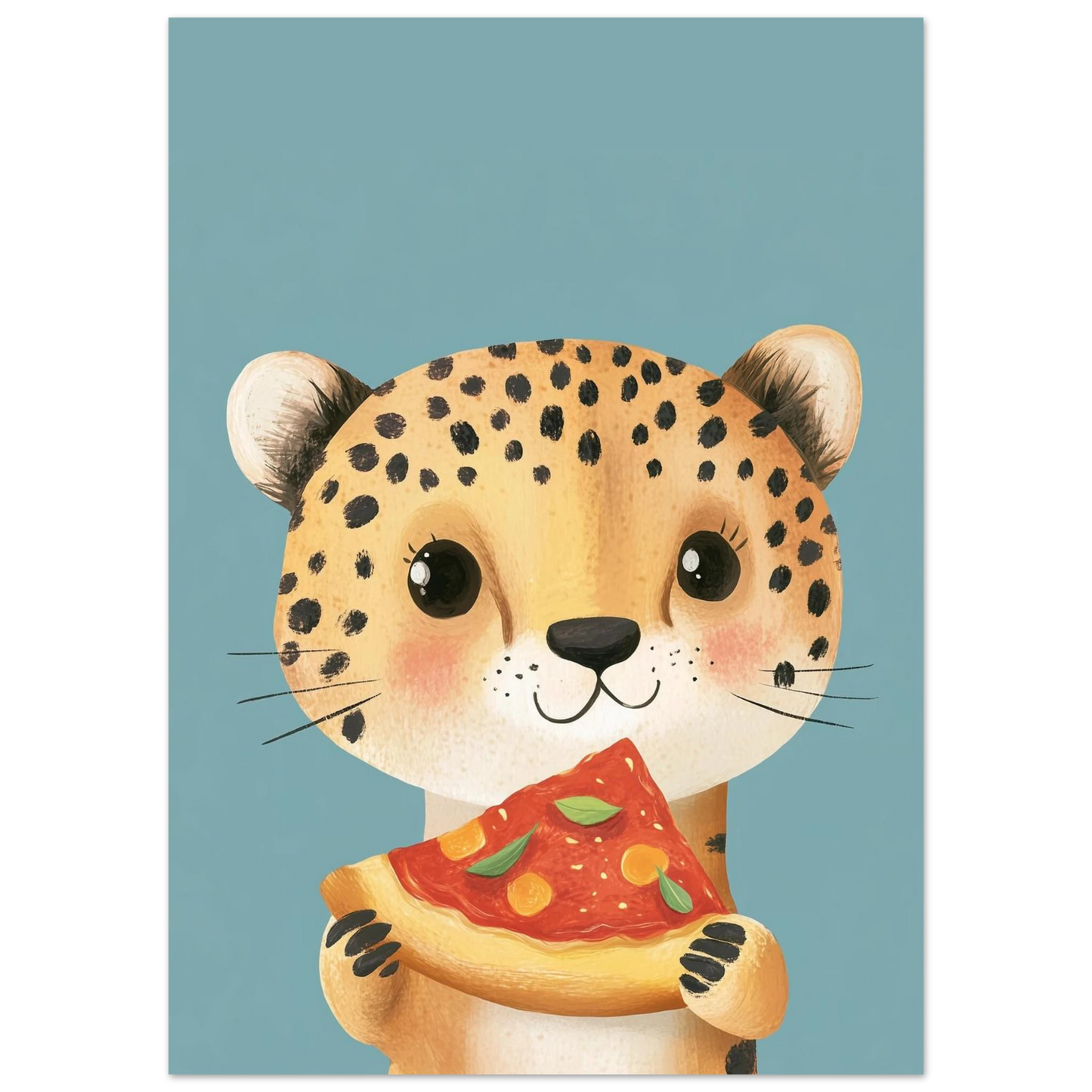 Närbild på en prickig gepard med stora ögon och pizza, barnrumsposter