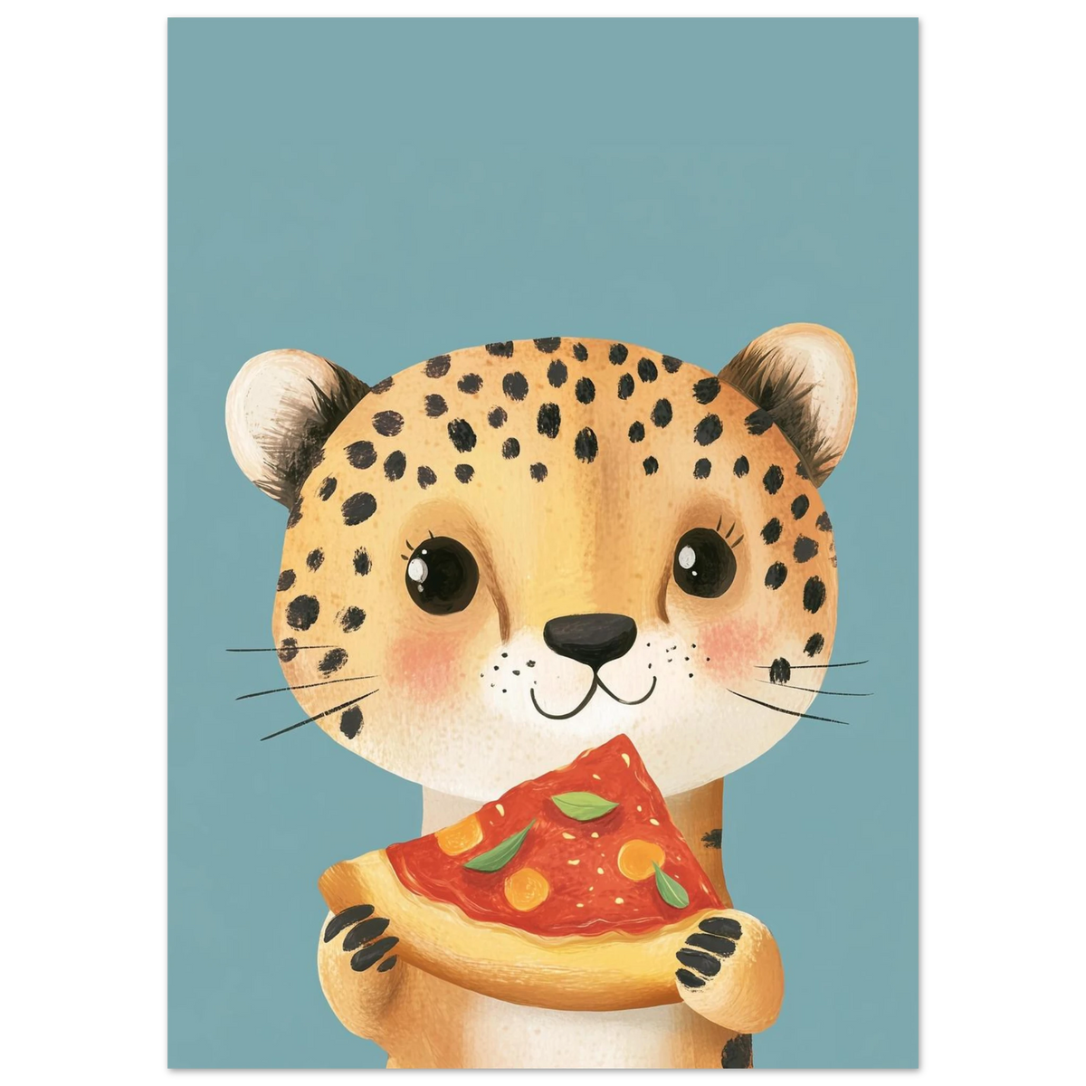 Närbild på en prickig gepard med stora ögon och pizza, barnrumsposter