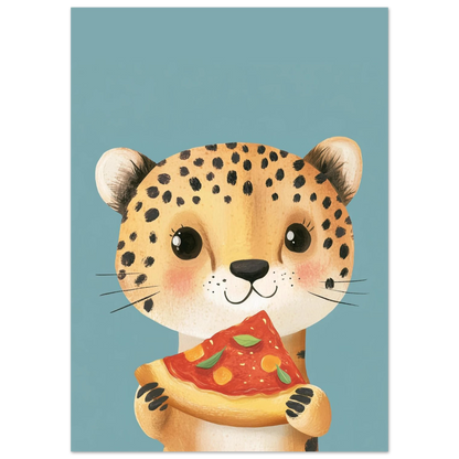 Närbild på en prickig gepard med stora ögon och pizza, barnrumsposter