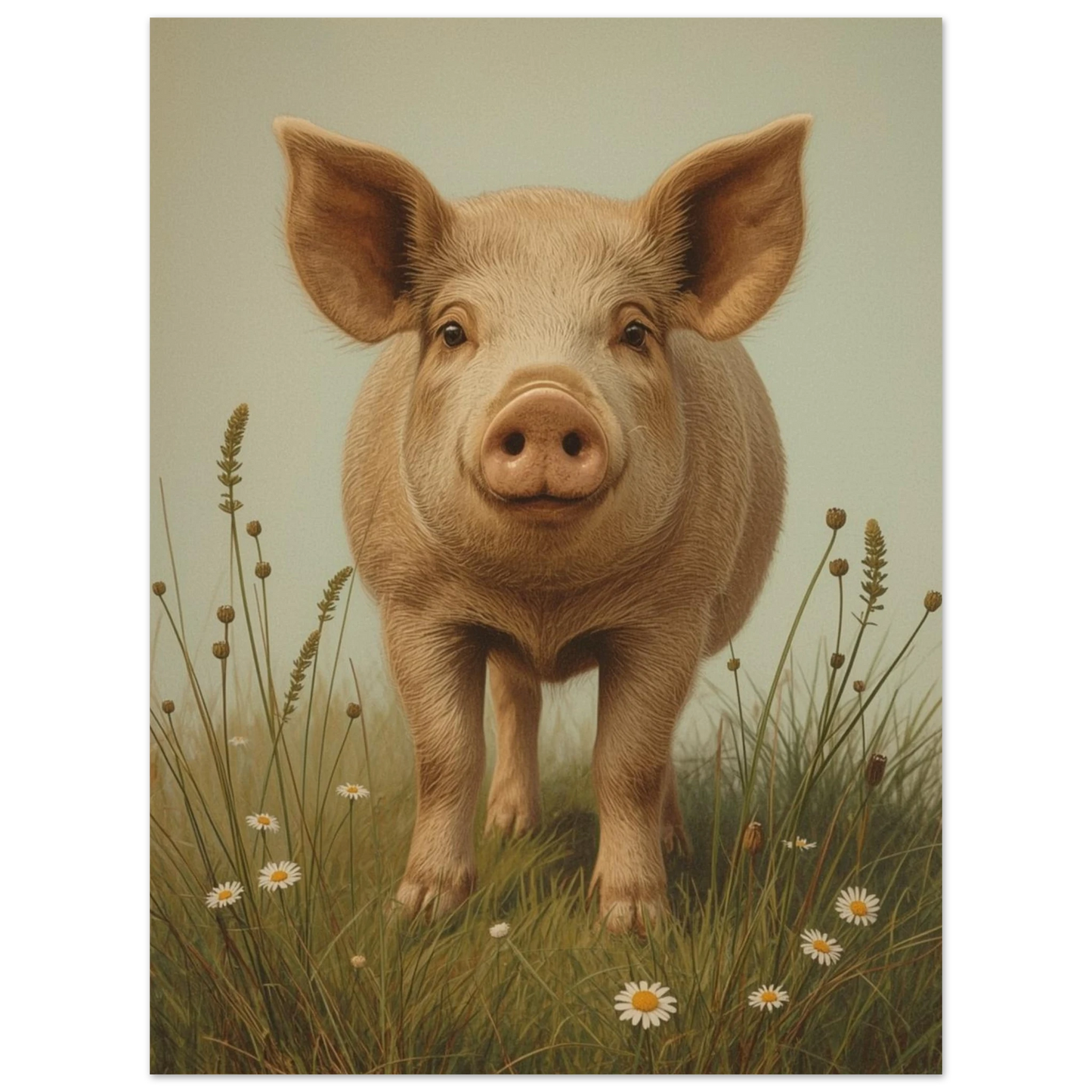 Konstnärlig målning av gris med ljusgrön bakgrund, stående i gräs – Målad poster
