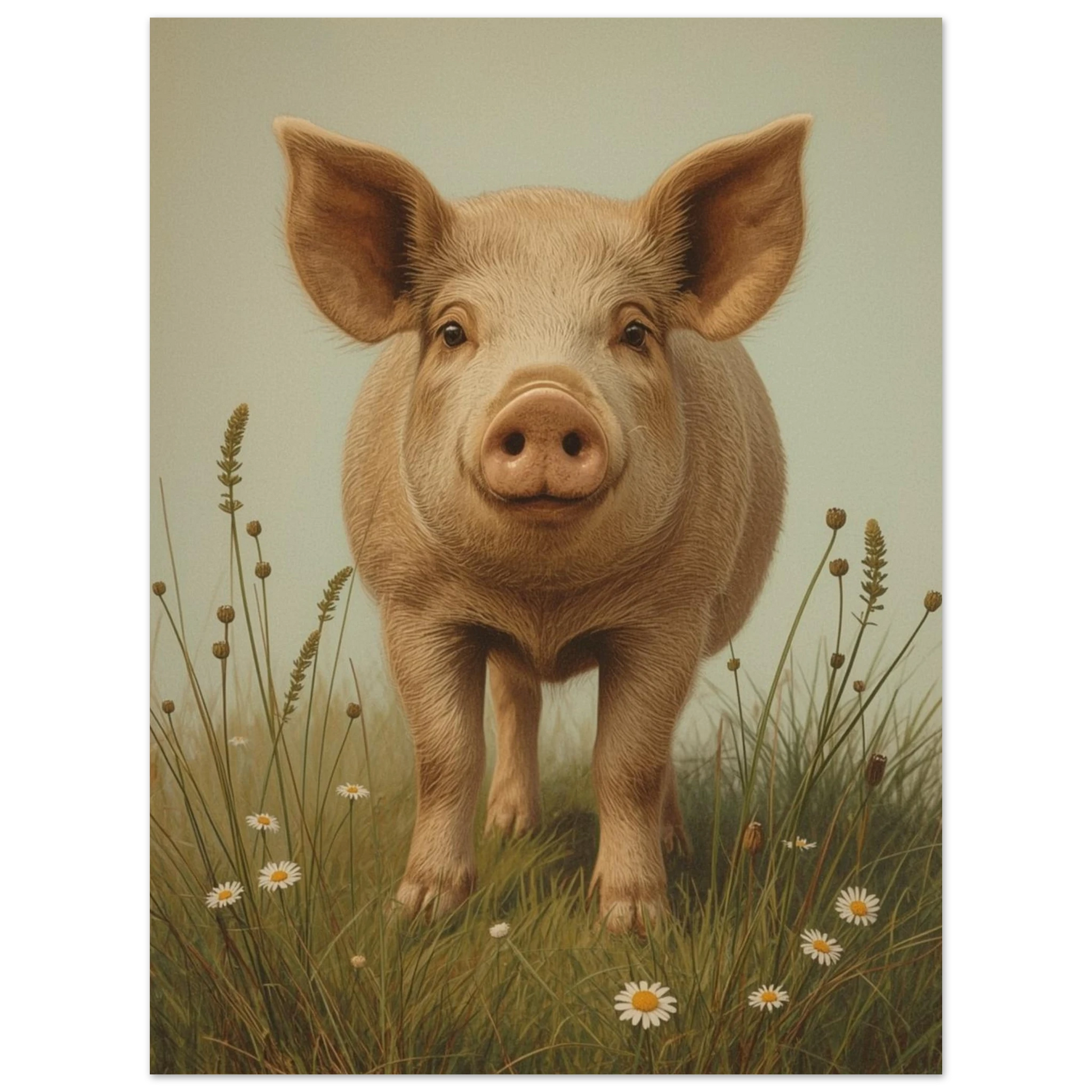 Konstnärlig målning av gris med ljusgrön bakgrund, stående i gräs – Målad poster
