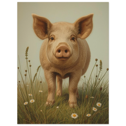 Konstnärlig målning av gris med ljusgrön bakgrund, stående i gräs – Målad poster