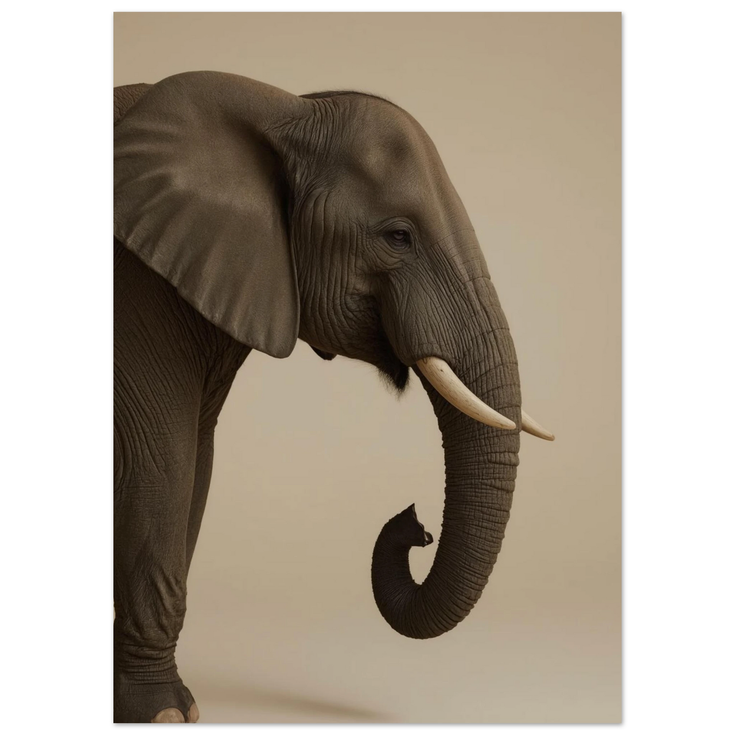 Detaljrik djurposter föreställande en elefant med böjd snabel och betar