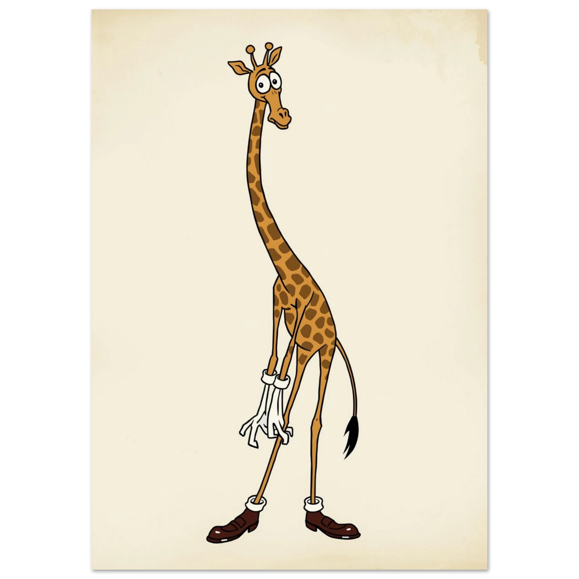 Illustration av en giraff med stora ögon och klassiska seriefigursdetaljer