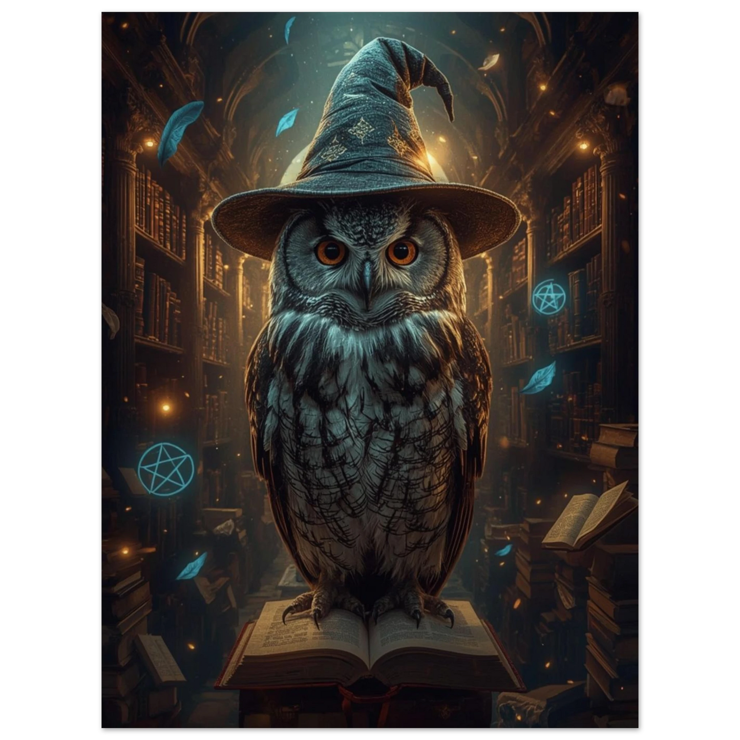Magisk uggleposter med glödande pentagram och antika bokhyllor i bakgrunden