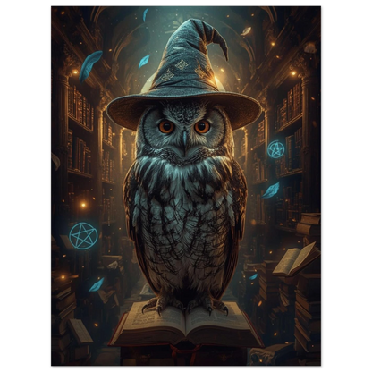 Magisk uggleposter med glödande pentagram och antika bokhyllor i bakgrunden