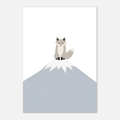 Vänlig fjällräv på en snöig topp, grafisk illustration för barn