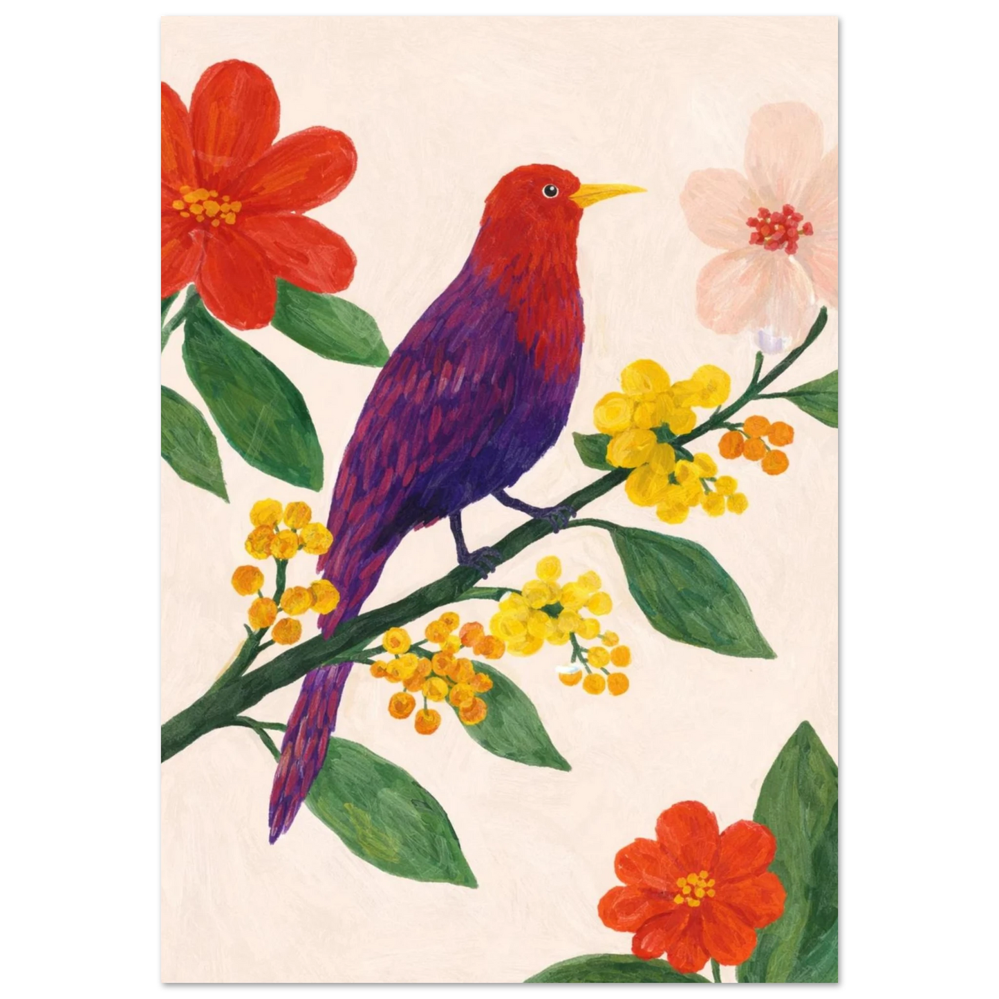 Lila och röd fågel på en gren med gula och röda blommor – målad poster