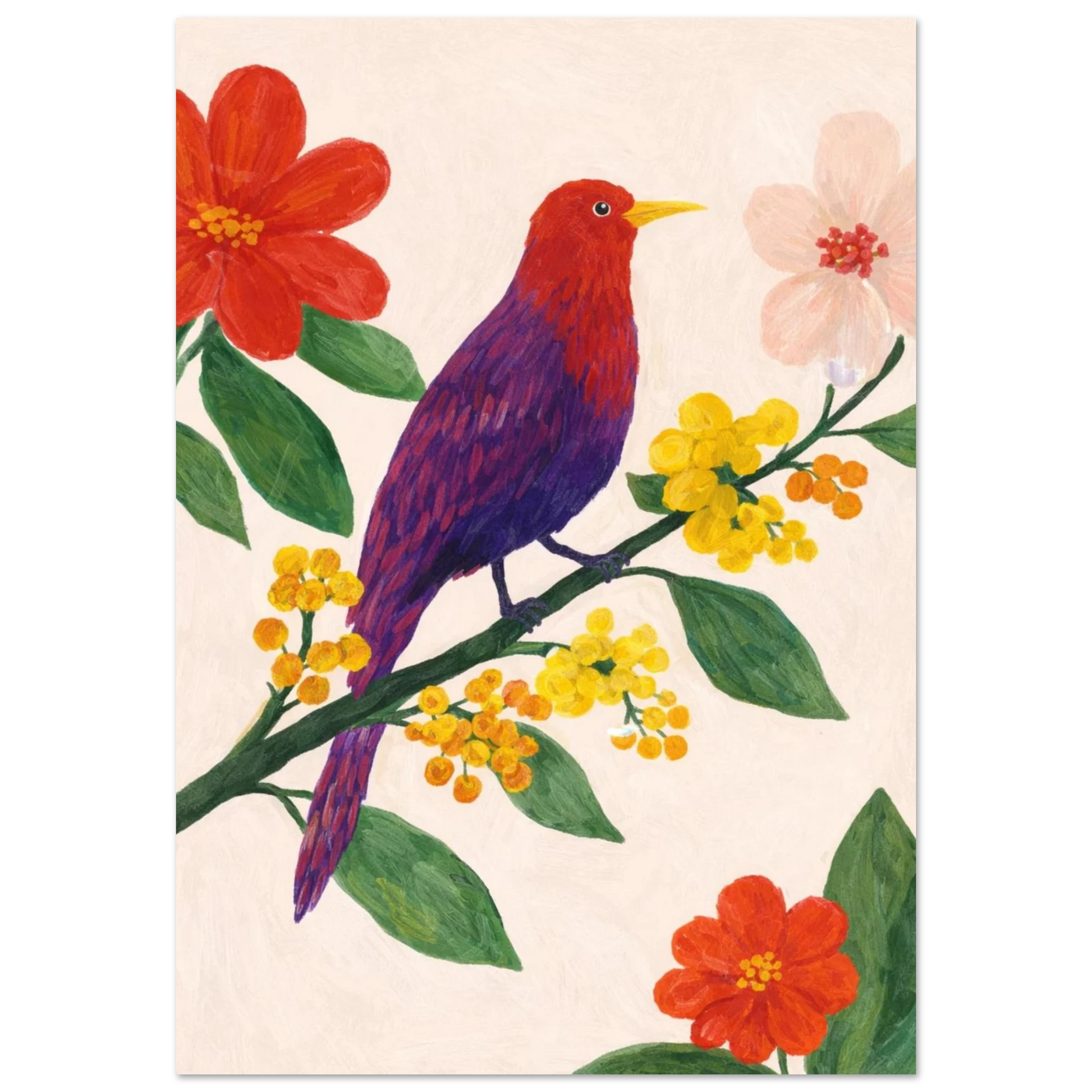Lila och röd fågel på en gren med gula och röda blommor – målad poster