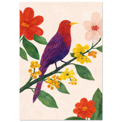 Lila och röd fågel på en gren med gula och röda blommor – målad poster