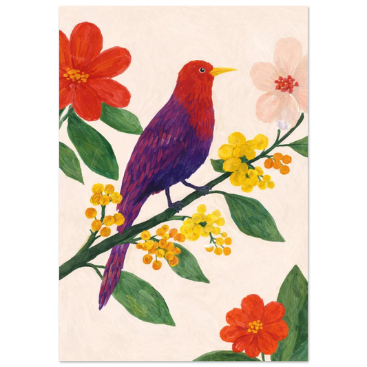 Lila och röd fågel på en gren med gula och röda blommor – målad poster