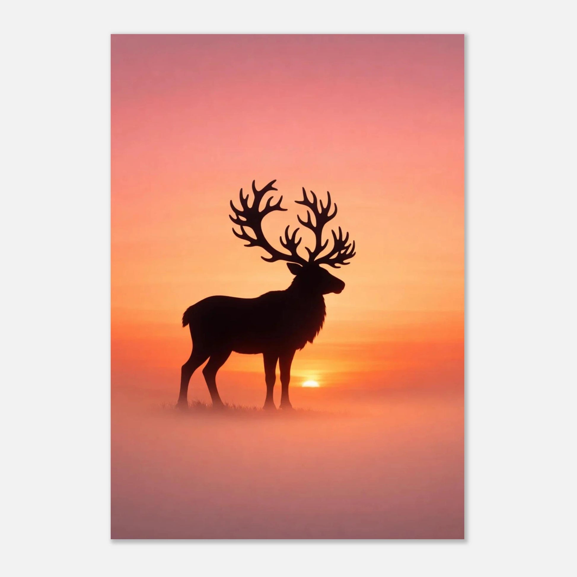 Minimalistisk djurposter med en renssilhuett i ett drömlikt rosa landskap