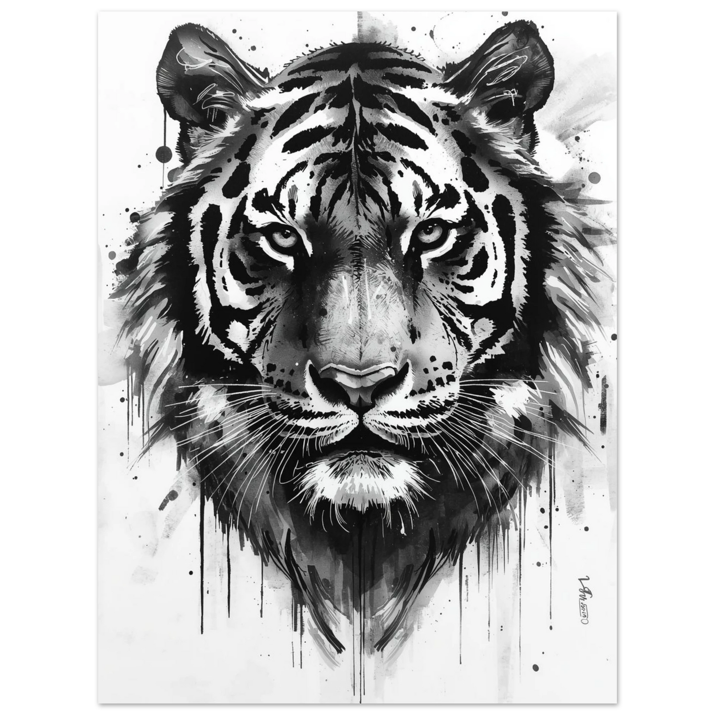 Modern djurposter med en tiger i svartvitt utförd med penseldrag och stänk