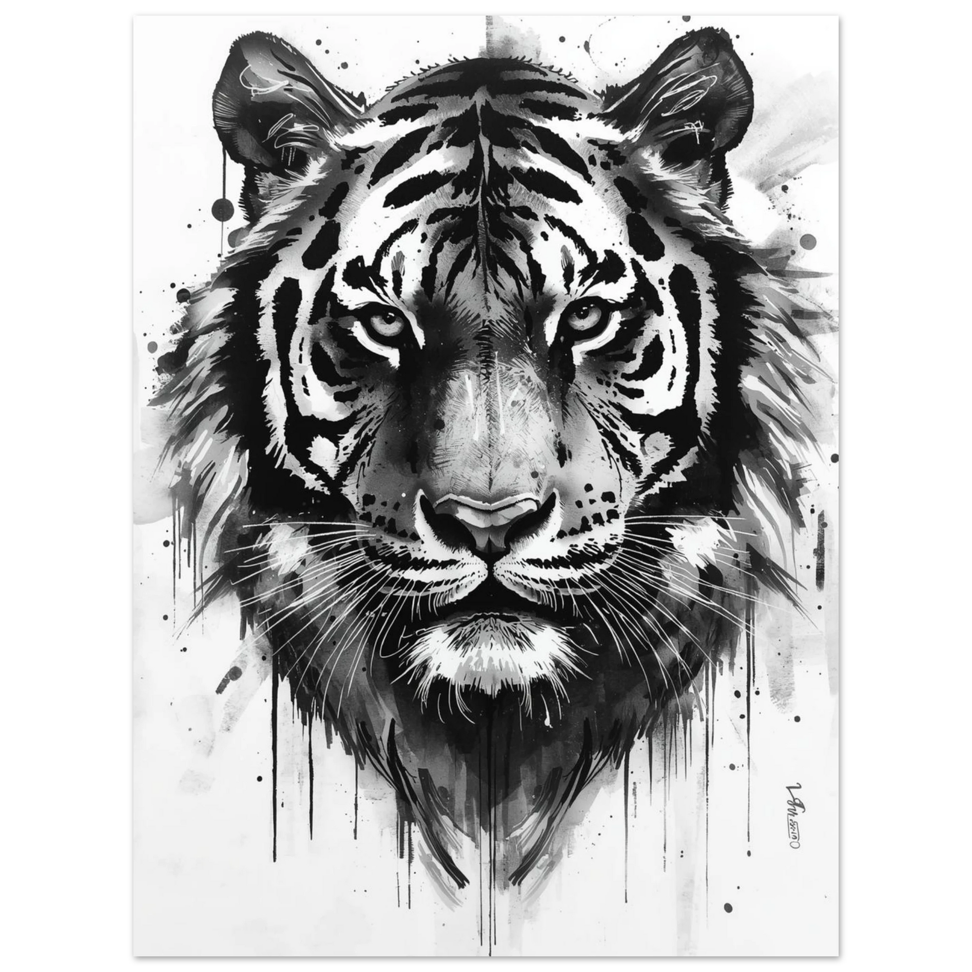 Modern djurposter med en tiger i svartvitt utförd med penseldrag och stänk