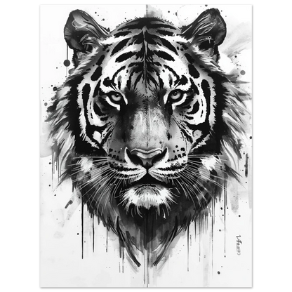 Modern djurposter med en tiger i svartvitt utförd med penseldrag och stänk