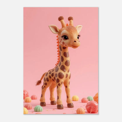 Konstnärligt print av en giraff i en drömlik värld av sötsaker
