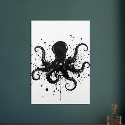 Bläckfisk i svart bläck, dynamisk, konstnärlig, mystisk, modern design.