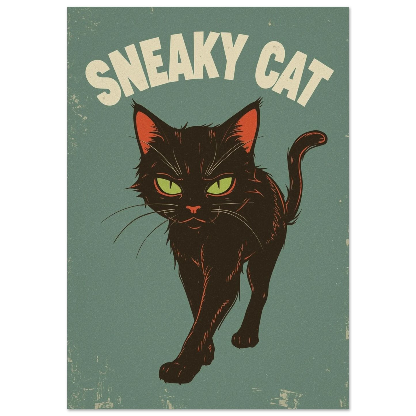 Svart katt med gröna ögon på mörkgrön bakgrund, retro djurposter