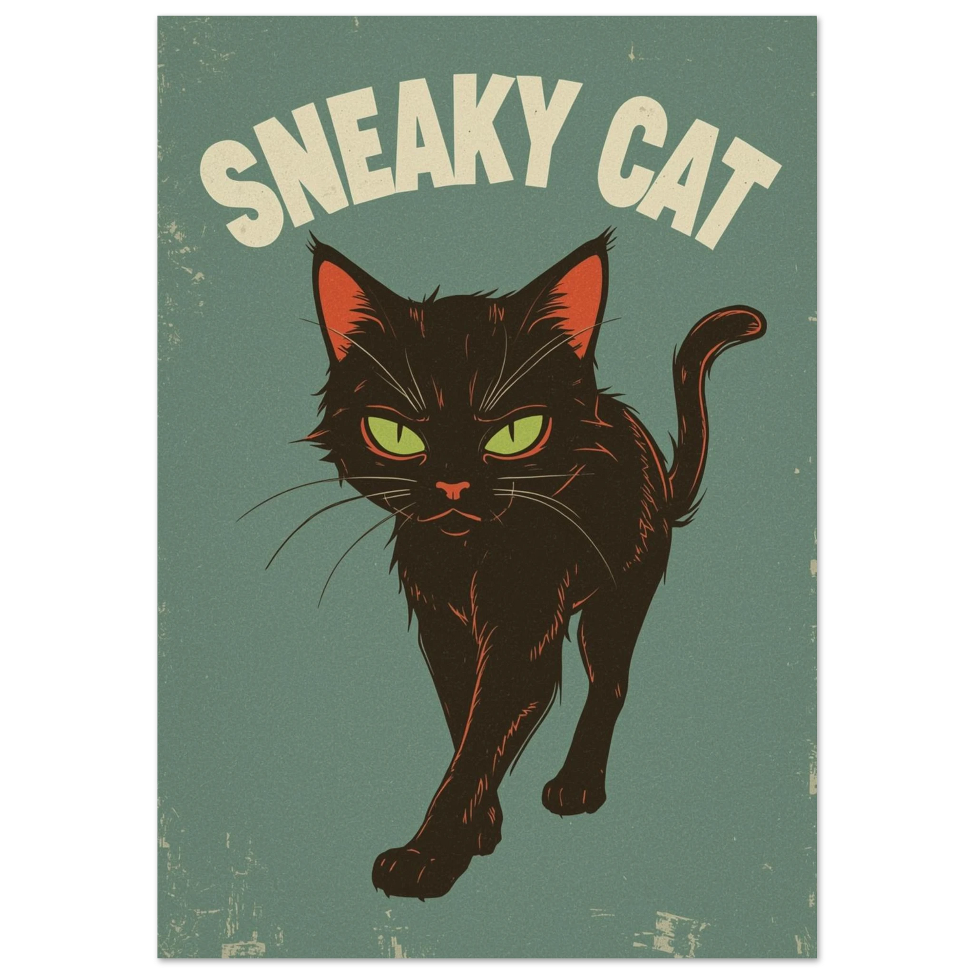 Svart katt med gröna ögon på mörkgrön bakgrund, retro djurposter
