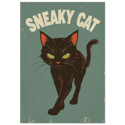 Svart katt med gröna ögon på mörkgrön bakgrund, retro djurposter