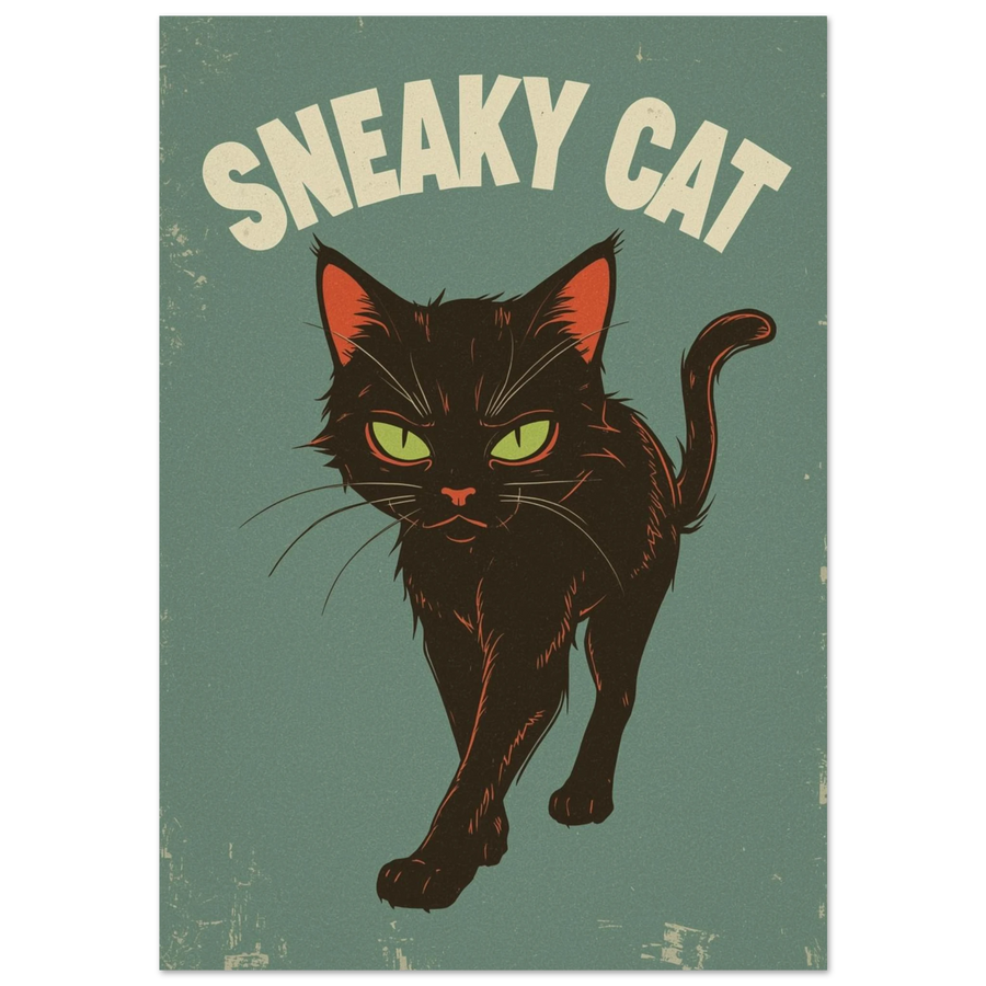 Svart katt med gröna ögon på mörkgrön bakgrund, retro djurposter