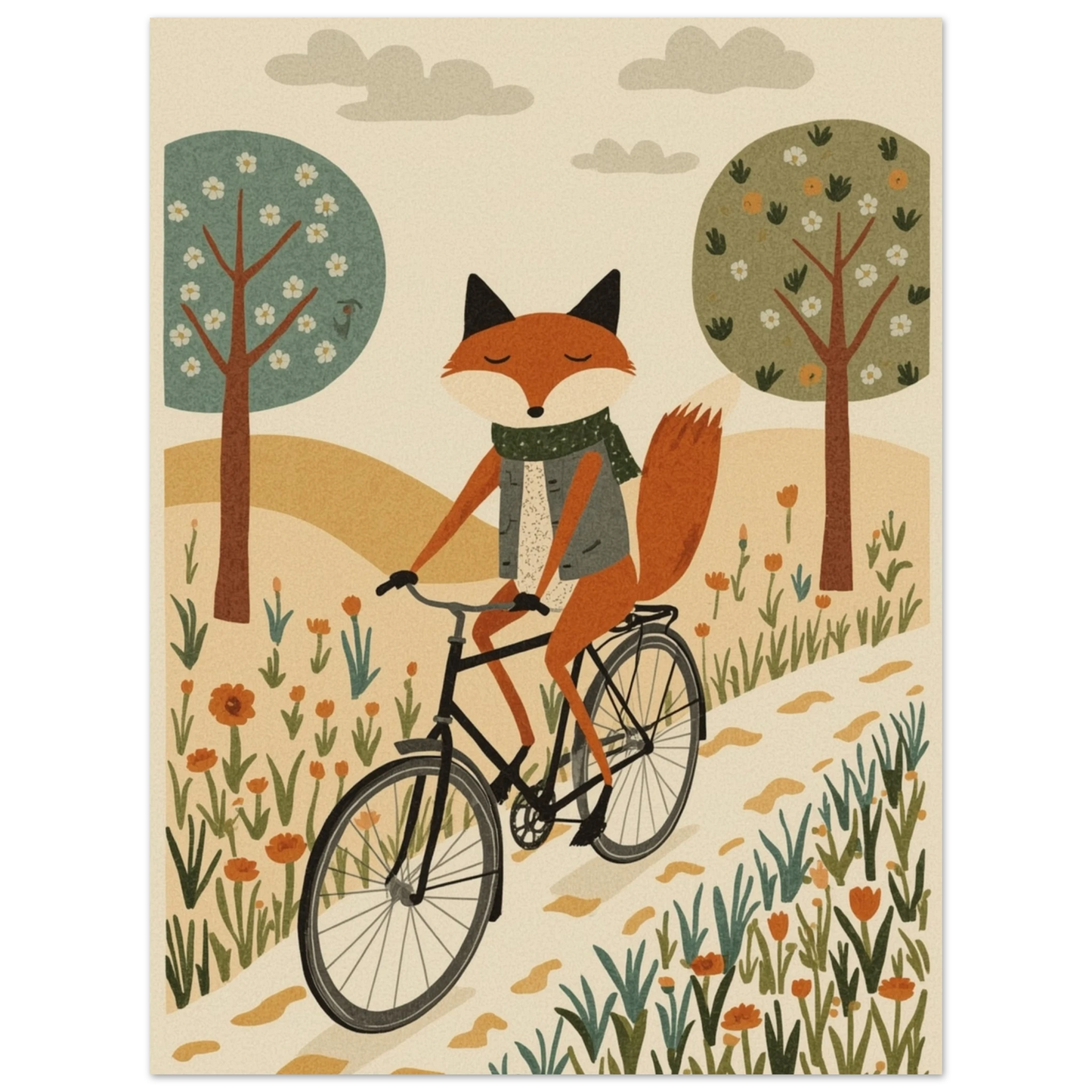Räv på cykel i ett livligt landskap med ljus himmel – Tecknad poster
