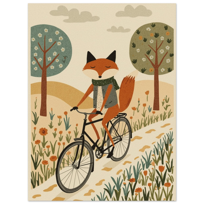 Räv på cykel i ett livligt landskap med ljus himmel – Tecknad poster