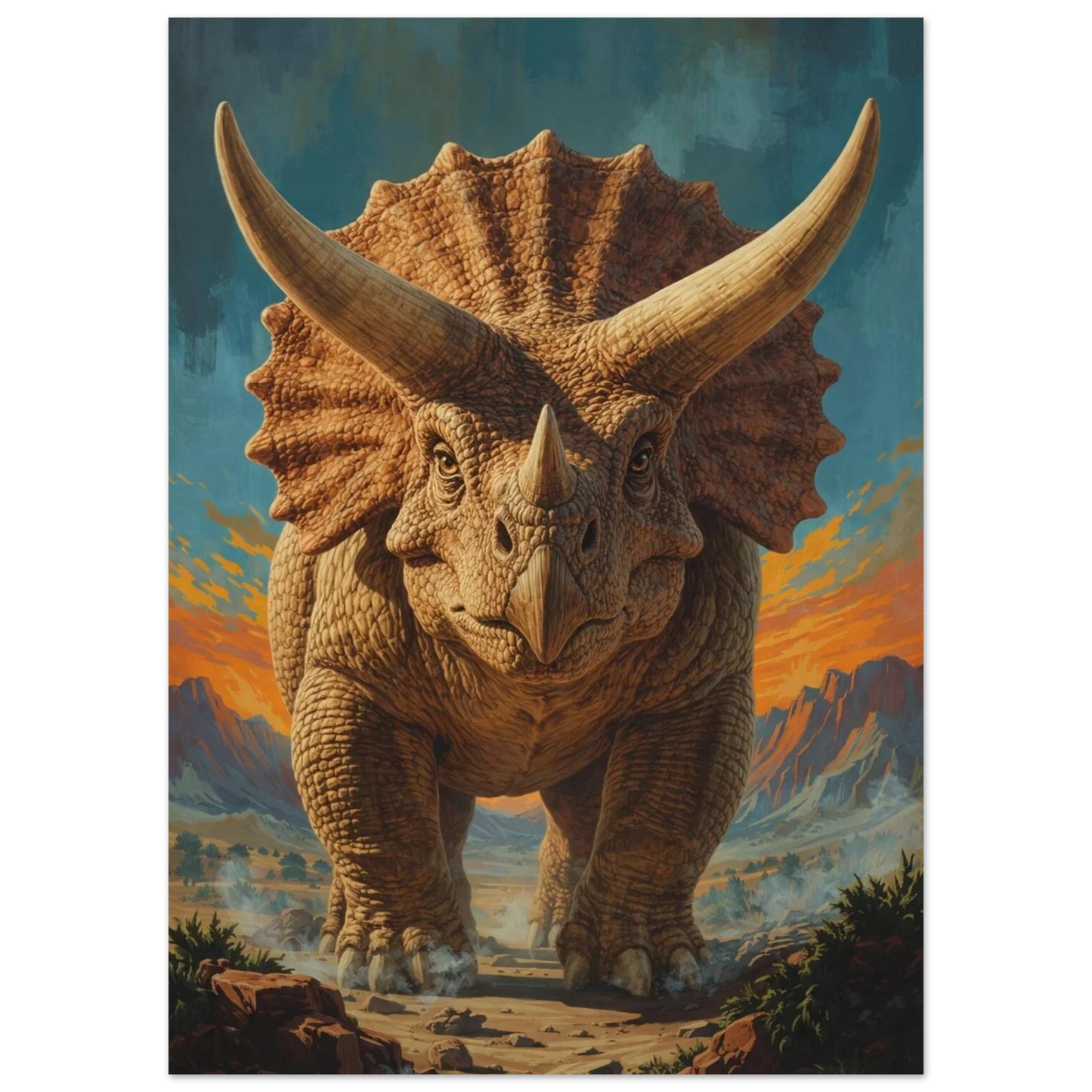 Närbild på Triceratops ansikte med horn mot ett bergigt landskap – Retro poster