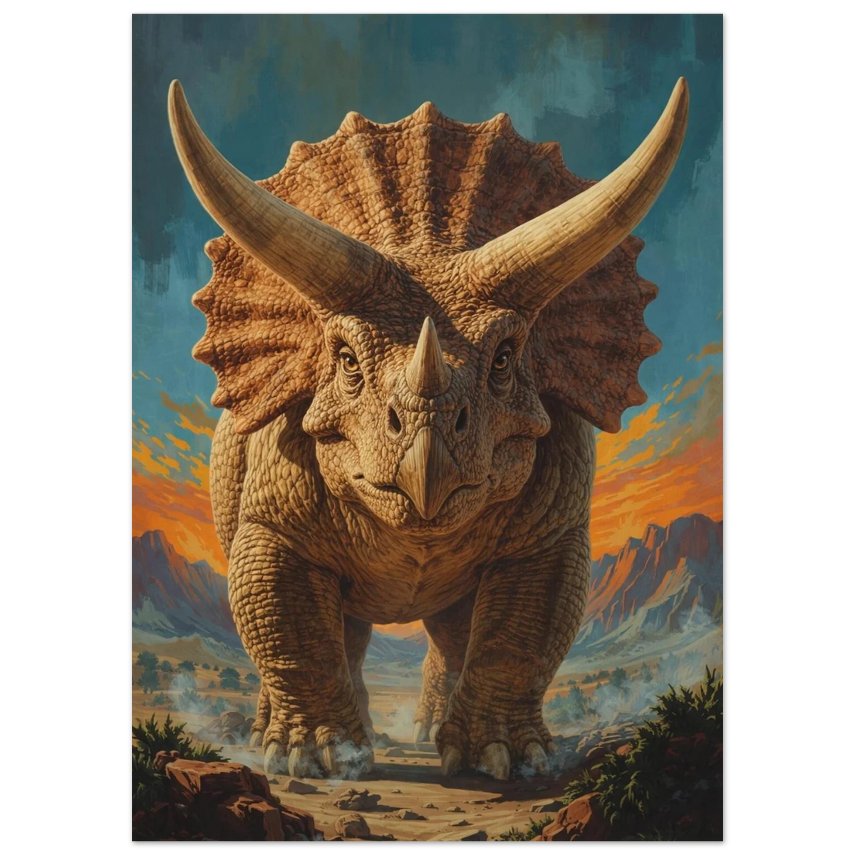 Närbild på Triceratops ansikte med horn mot ett bergigt landskap – Retro poster