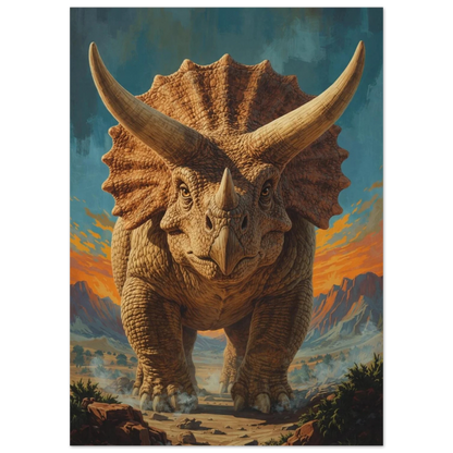 Närbild på Triceratops ansikte med horn mot ett bergigt landskap – Retro poster