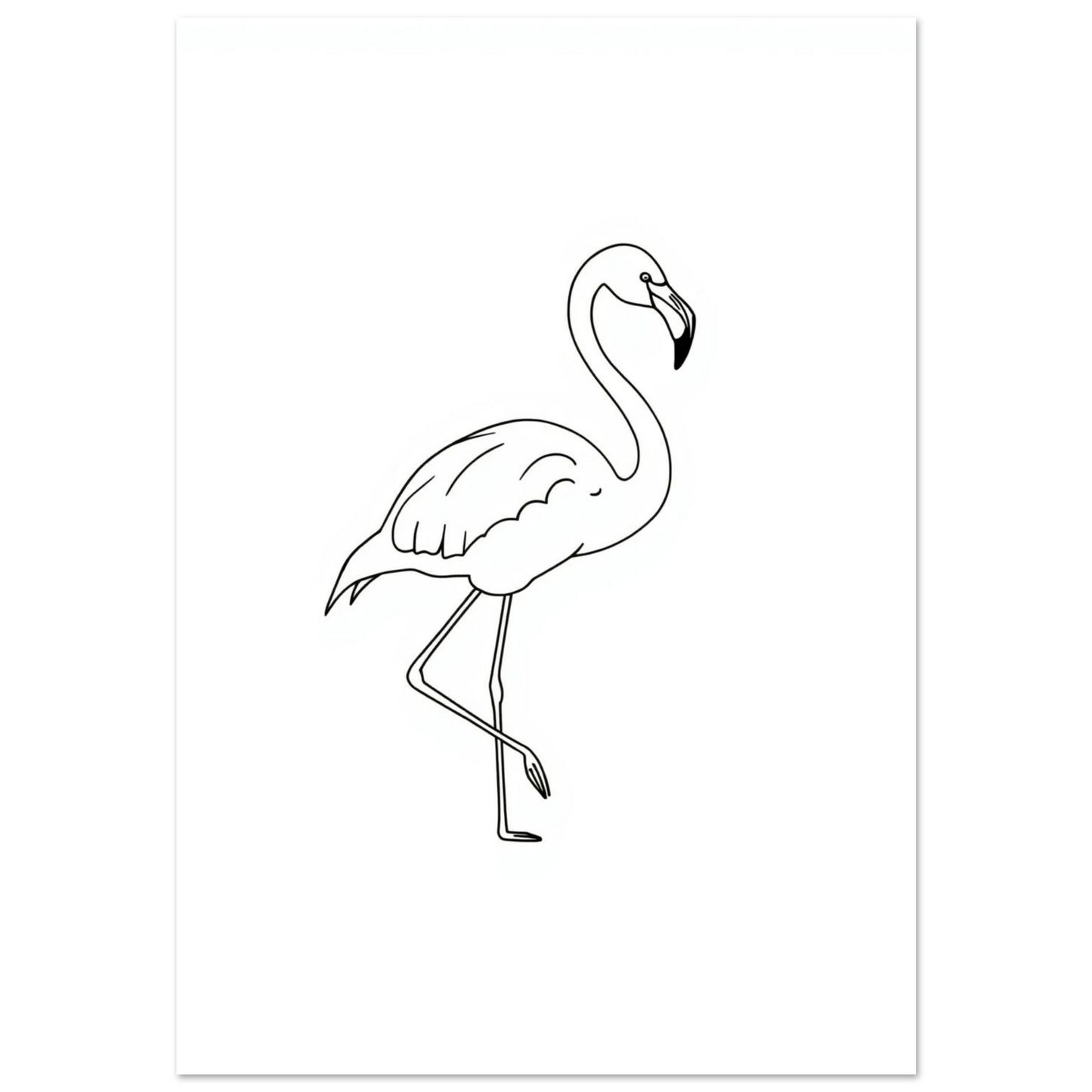 Minimalistisk linjeteckning av en flamingo på vit bakgrund, modern djurposter