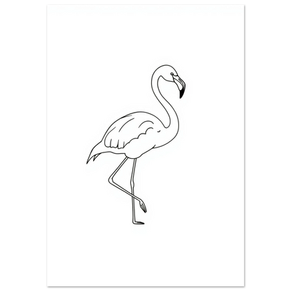 Minimalistisk linjeteckning av en flamingo på vit bakgrund, modern djurposter