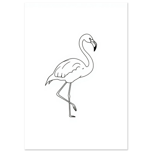 Minimalistisk linjeteckning av en flamingo på vit bakgrund, modern djurposter