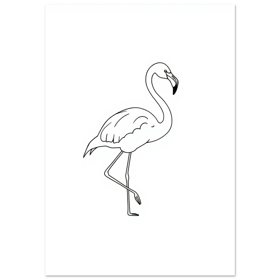 Minimalistisk linjeteckning av en flamingo på vit bakgrund, modern djurposter