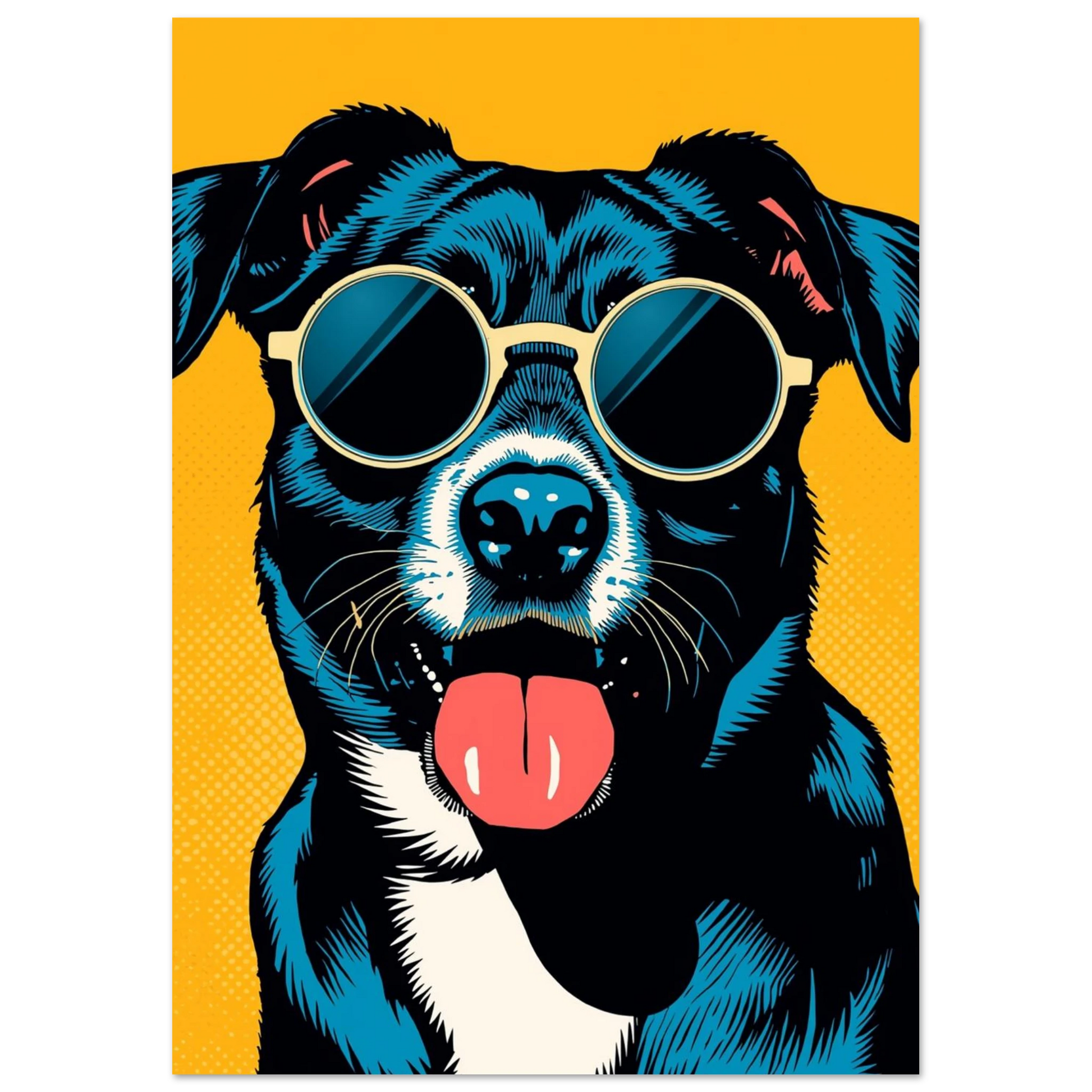 Färgglad hundposter i grafisk illustration med starka kontraster och gult